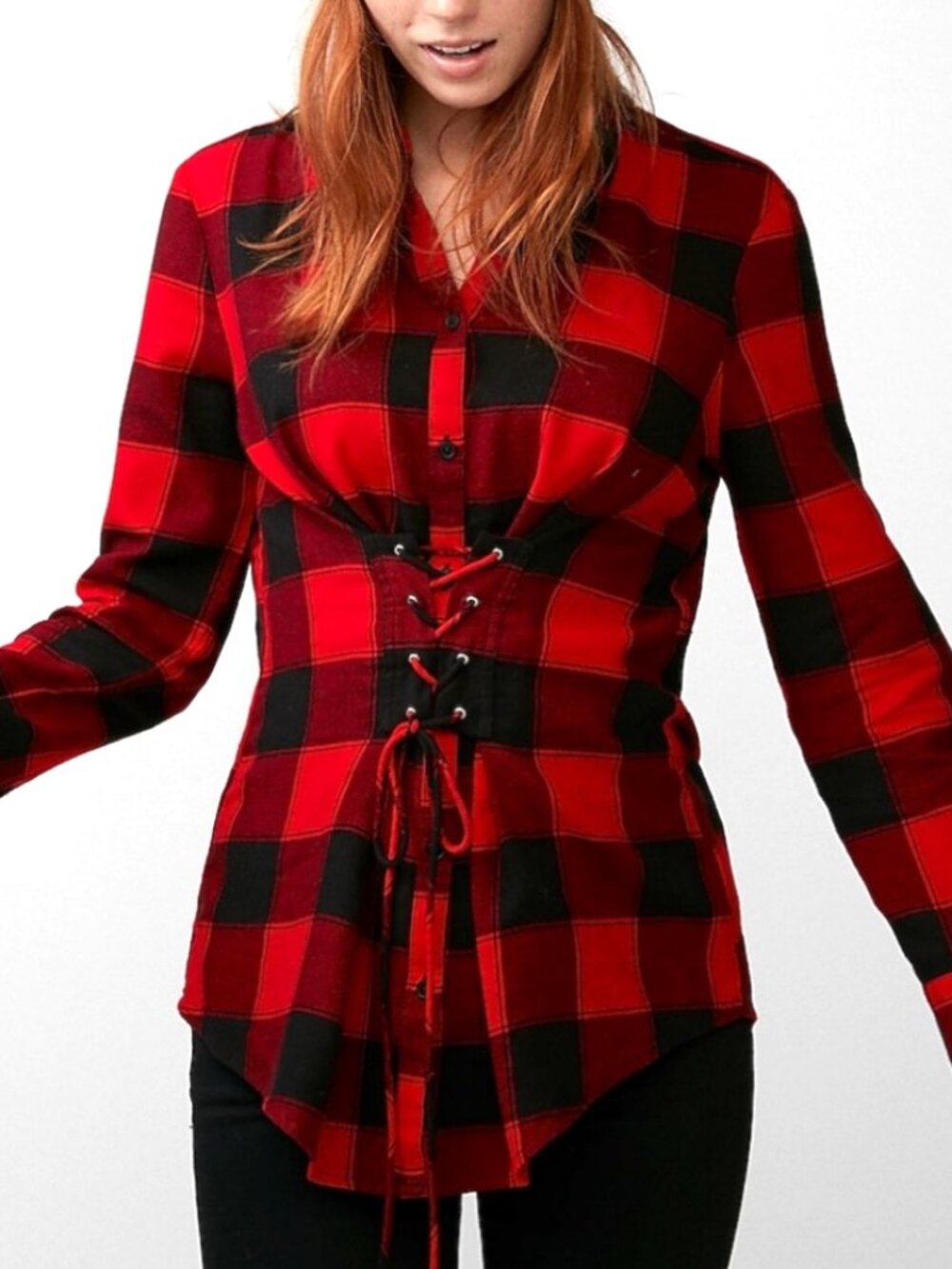 EXPRESS Buffalo Plaid Corset-Style Lace-Up Tunic TOP Size: Large